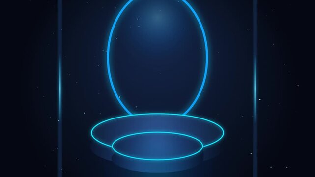 Blue Neon Glowing Circular Pedestal Display Stand with Floating Light Particle Effects Background