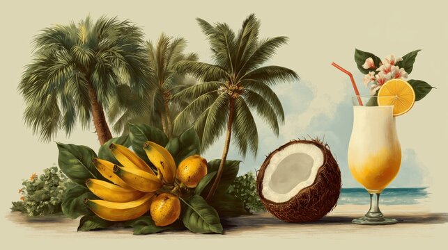 Tropical paradise featuring fresh fruits and a refreshing drink by the beach