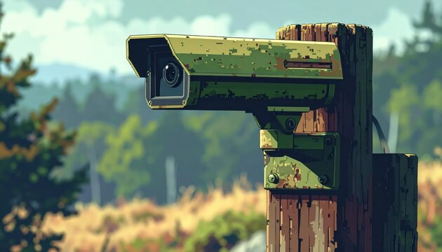 Rusty green surveillance camera mounted on a wooden pole.