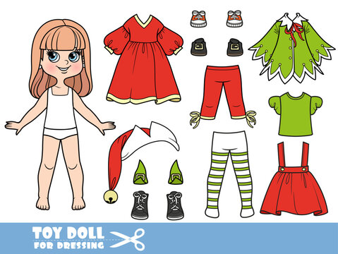 Cute cartoon girl with long straight hair with New Year elf fancy dress costume