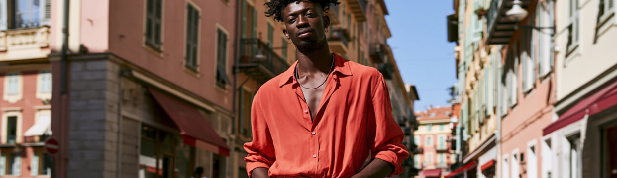 Young Black man with afro hair standing in a European city street. He wears an unbuttoned orange shirt and a chain necklace, looking at the camera with a direct gaze