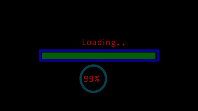 Digital loading progress bar interface with ninety nine percent status indicator