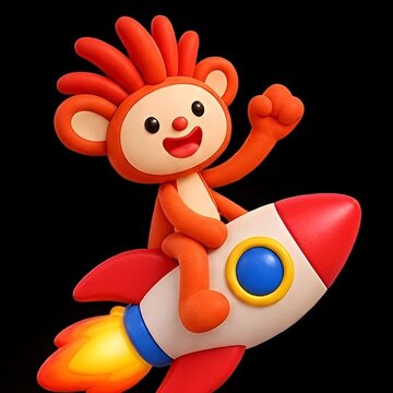 Cute 3D cartoon monkey riding red rocket, space adventure concept, isolated on black background