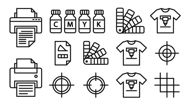 Collection of professional printing industry and prepress service line icons.