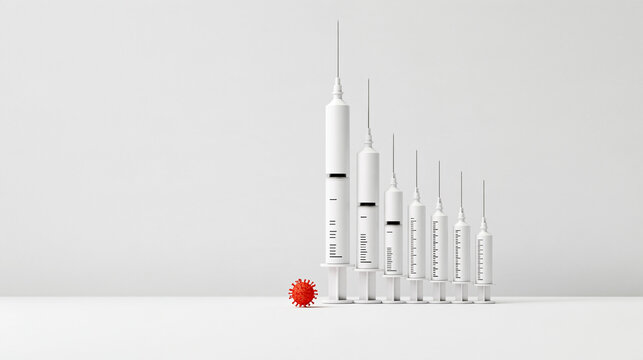 Declining vaccination rate concept depicted with an ascending bar graph of syringes and a red virus icon, symbolizing a decrease in immunization and increasing health risks