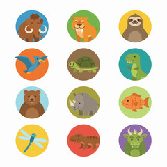 Twelve prehistoric and wild animal circular icon collection set. © ponyo
