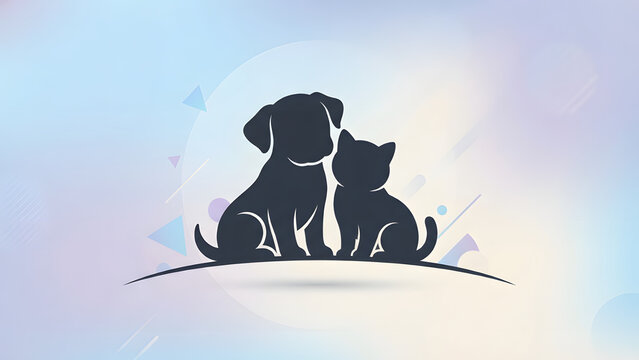 Pet care logo silhouette of cute puppy and kitten sitting together on soft pastel background