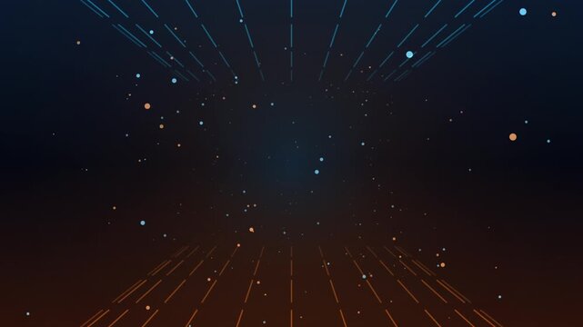 Futuristic cosmic loop featuring geometric lines and floating particles on a dark gradient background