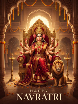 Happy navratri Goddess durga sitting on a golden throne with a lion