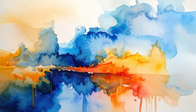 Vibrant watercolor abstract landscape with blue and orange hues reflecting in water