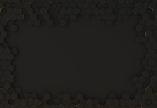An abstract black background with three‑dimensional honeycombs and gold accents.
