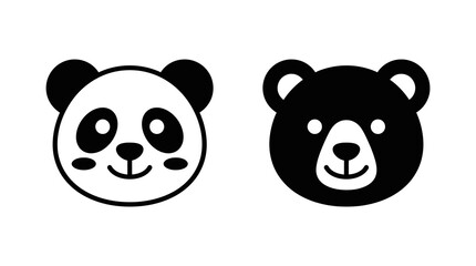 Fototapeta premium Cute panda bear and grizzly bear head icon set, simple black and white animal vector logos, minimalist wildlife mascot graphics for branding