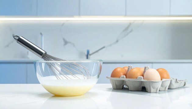 Whisking Raw Eggs in a Clear Bowl on a Kitchen Countertop for Baking