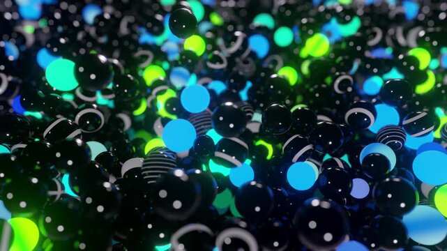 Seamless loop of countless glowing and striped spheres colliding and rolling. Kinetic physics simulation, illuminated glowing orbs, and energetic festival celebration concept background
