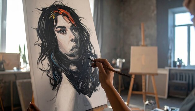 Young artist meticulously sketches a captivating portrait on a canvas in a dimly lit studio