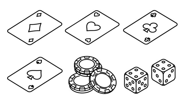 Minimalist black and white line art icon set featuring four playing cards representing diamonds hearts clubs and spades with a stack of casino chips and two isometric dice.