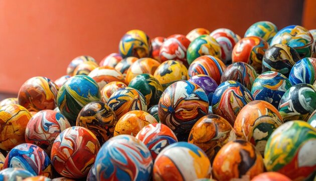 A Close-Up View of a Vibrant Assortment of Colorful Swirling Bouncing Balls