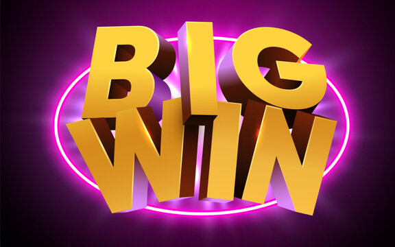 Big Win 3D gold typography with glowing neon frame on purple background for casino concept. Vector illustration