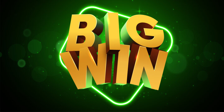 Big win golden 3D text on glowing neon green background. Casino jackpot banner for your gaming Vector illustration
