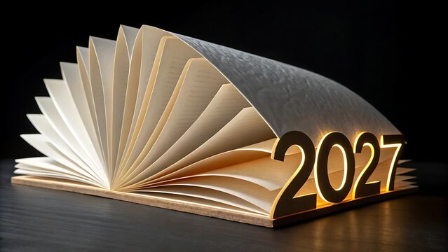 Open Book with Glowing 2027 Numbers Symbolizing Knowledge Growth Learning and New Year Opportunities