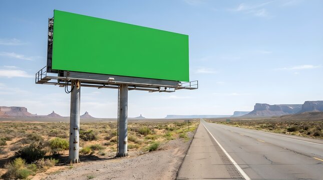 Roadside billboard with a green screen in a vast desert landscape with a long, straight road stretching towards the horizon under a clear blue sky