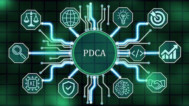 PDCA Futuristic AI Technology with Advanced Data Analytics, Customer Relationship Management, Machine Learning, Big Data, Neural Network, Business Intelligence, Digital Transformation.