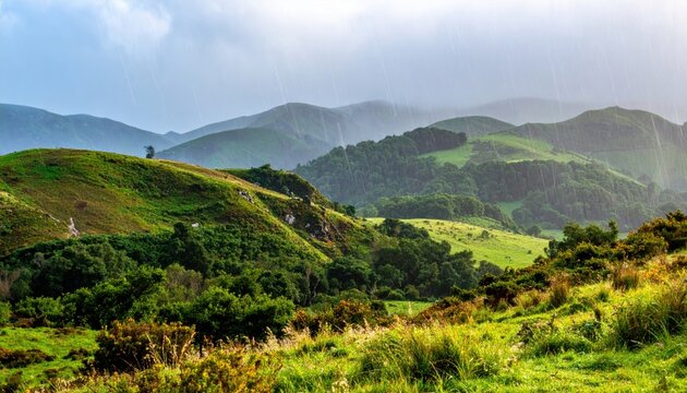 Misty Verdant Hillsides Rolling Under Dramatic Cloudy Skies in a Vast Natural Landscape