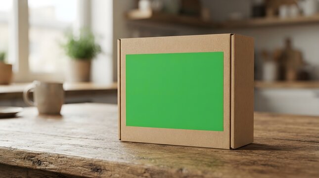 Cardboard box mockup with green screen space on wooden table in modern kitchen interior for packaging design presentation