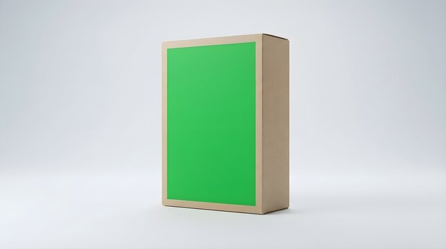 A plain cardboard box with a blank green screen surface for customization and design, isolated on a white background, ready for digital editing or product placement