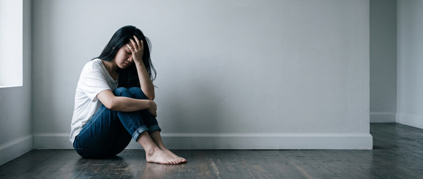 Woman having panic attack at home, anxiety disorder, emotional distress, depression, headache, migraine, mental health crisis, stress, menopause symptoms