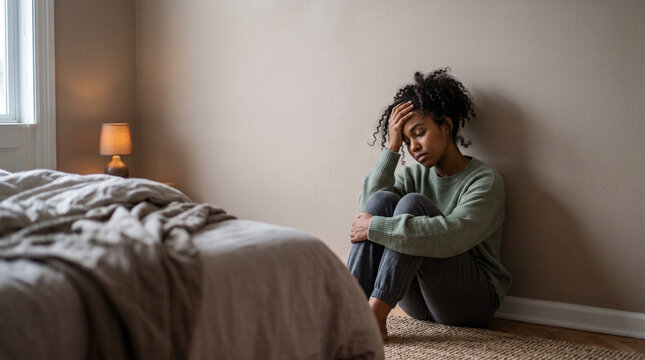 Woman having panic attack at home, anxiety disorder, emotional distress, depression, headache, migraine, mental health crisis, stress, menopause symptoms