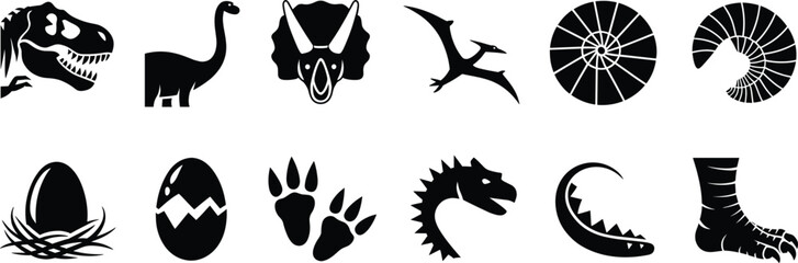 Set of black and white dinosaur featuring silhouettes of t-rex, triceratops, pterodactyl, fossils, dinosaur eggs, footprints, and claws © Animal-Vactor