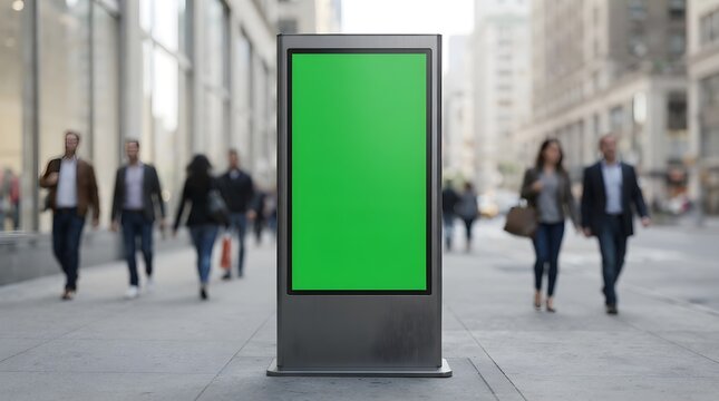 Vertical street billboard with green screen mockup standing on a city sidewalk with blurred people walking in the background of an urban area