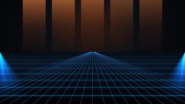 Futuristic Retro Sci-Fi Neon Blue Wireframe Grid Floor Moving Forward in Dark Orange Light Tunnel