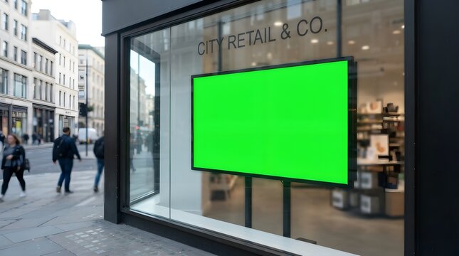 Green screen digital signage billboard mockup in retail store display window on city street