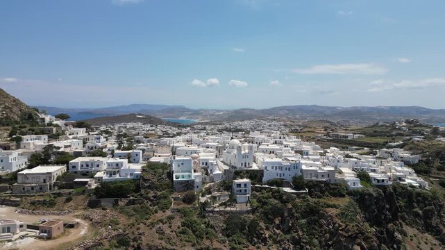 Aerial of Whitewashed Church in Plaka Village Milos Greece