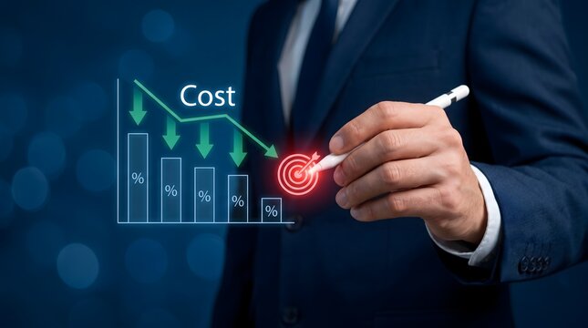 Businessman pointing at a downward trending cost graph with a target symbol illustrating cost reduction and financial goals.