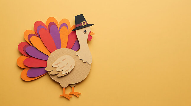 A handmade paper turkey craft with a pilgrim hat displayed on a plain yellow background for the annual thanksgiving day celebration