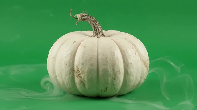 White Pumpkin with Swirling Smoke on Green Screen - A pale white pumpkin with a textured rind and a curved stem sits centered on a vibrant green background.