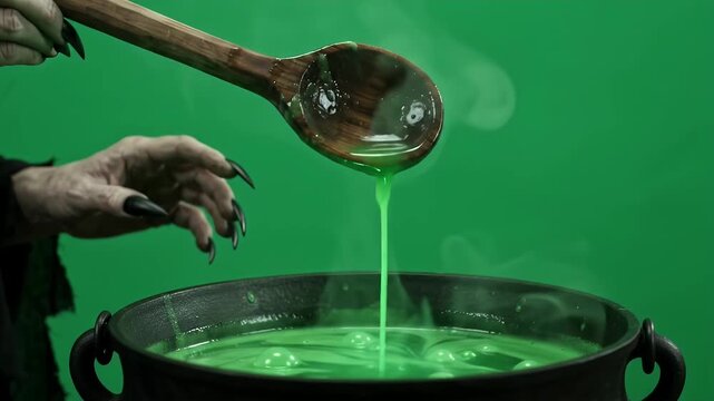 Witch Stirring Green Potion in Cauldron - A close-up shot of a witch's hands with long, black pointed nails stirring a bubbling green potion in a dark cauldron.