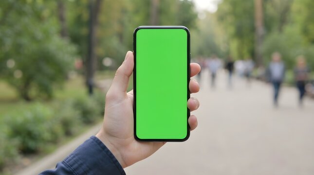 Hand holding a smartphone with a green screen mockup in a blurred outdoor park setting for digital content creation