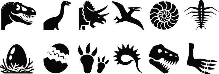 Set of black dinosaur featuring silhouettes of t-rex, triceratops, pterodactyl, fossils, footprints, and eggs on a white background © Animal-Vactor