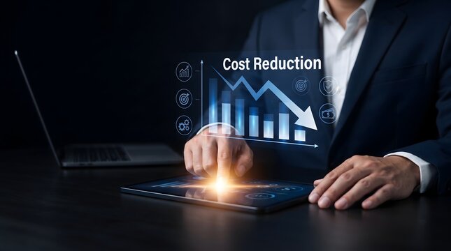 Businessman analyzing financial data on tablet with cost reduction graph and downward trend arrow representing economic decline and budget cuts