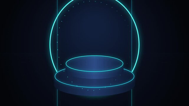 Glowing neon blue round podium pedestal stand stage with illuminated circular ring on dark background