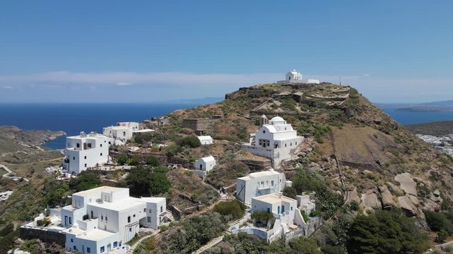 Aerial Orbit of Kastro Fortress Hill Above Plaka Village Milos