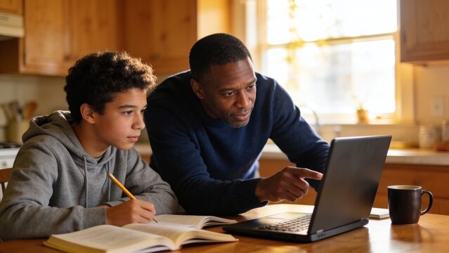 Family education concept featuring father helping teenage son study on a laptop.