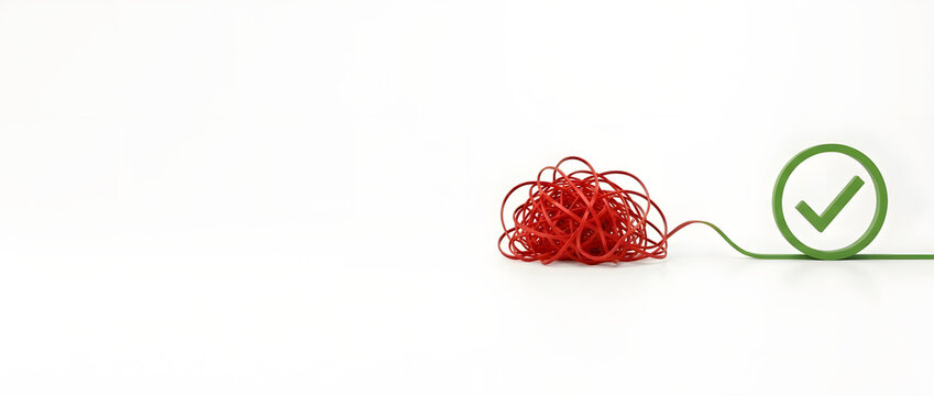 Abstract concept of simplifying complexity with a tangled messy red string unraveling into a clean green checkmark symbol on a white background representing problem solving, order, and success.