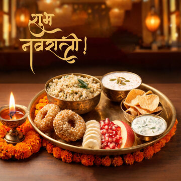 Happy Subh Navratri Traditional Indian Food Thali Minimal Social Media Post