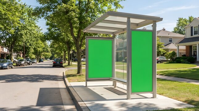 Modern Bus Stop Shelter Mockup with Blank Green Screens on Sunny Suburban Street