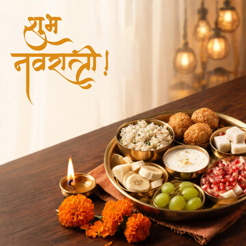 Happy Subh Navratri Traditional Indian Food Thali Minimal Social Media Post